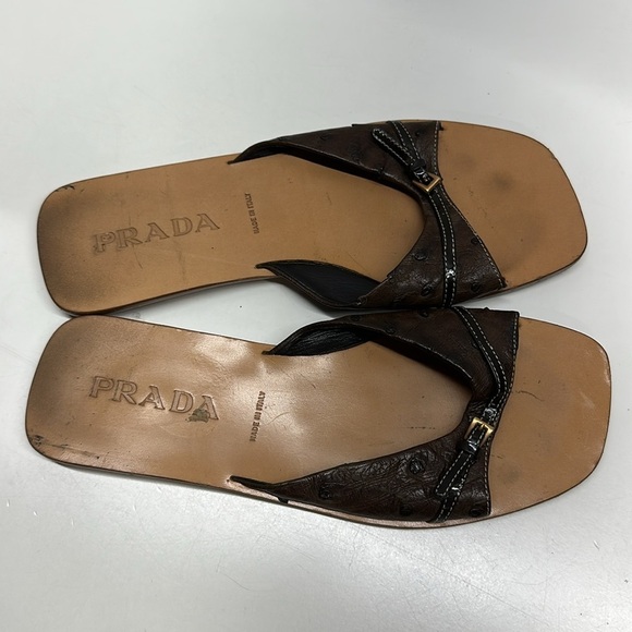 Prada Sandals Shoes Open Square Toe Ostrich Leather Buckle Brown Size 39 US 9 - Picture 4 of 9